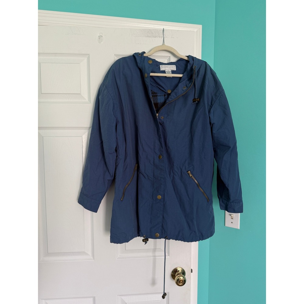 Jennifer Moore Activewear Navy Blue Hooded Parka Plaid Fleece Lined Jacket M